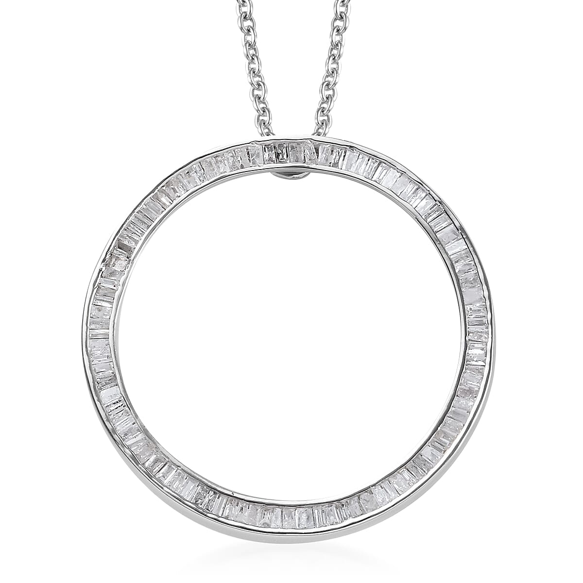 Diamond (Bgt) Circle Pendant with Chain (Size 20) in Platinum Overlay Sterling Silver 1.00 Ct.