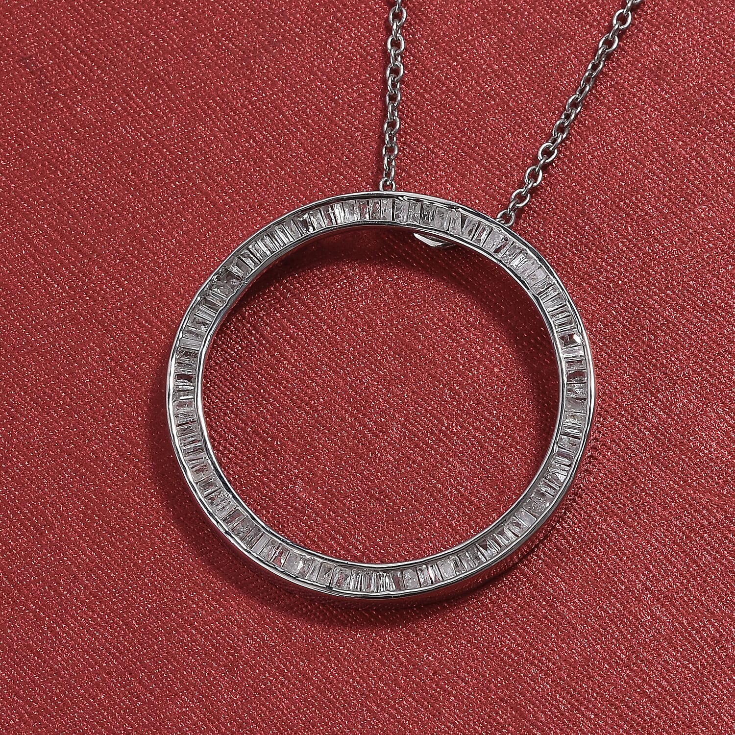 Diamond (Bgt) Circle Pendant with Chain (Size 20) in Platinum Overlay Sterling Silver 1.00 Ct.