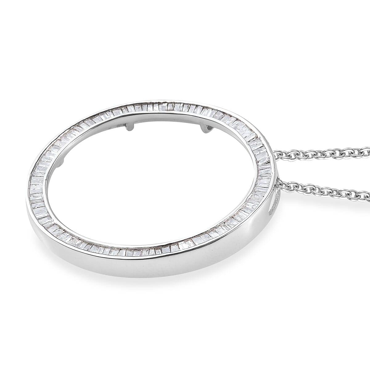 Diamond (Bgt) Circle Pendant with Chain (Size 20) in Platinum Overlay Sterling Silver 1.00 Ct.