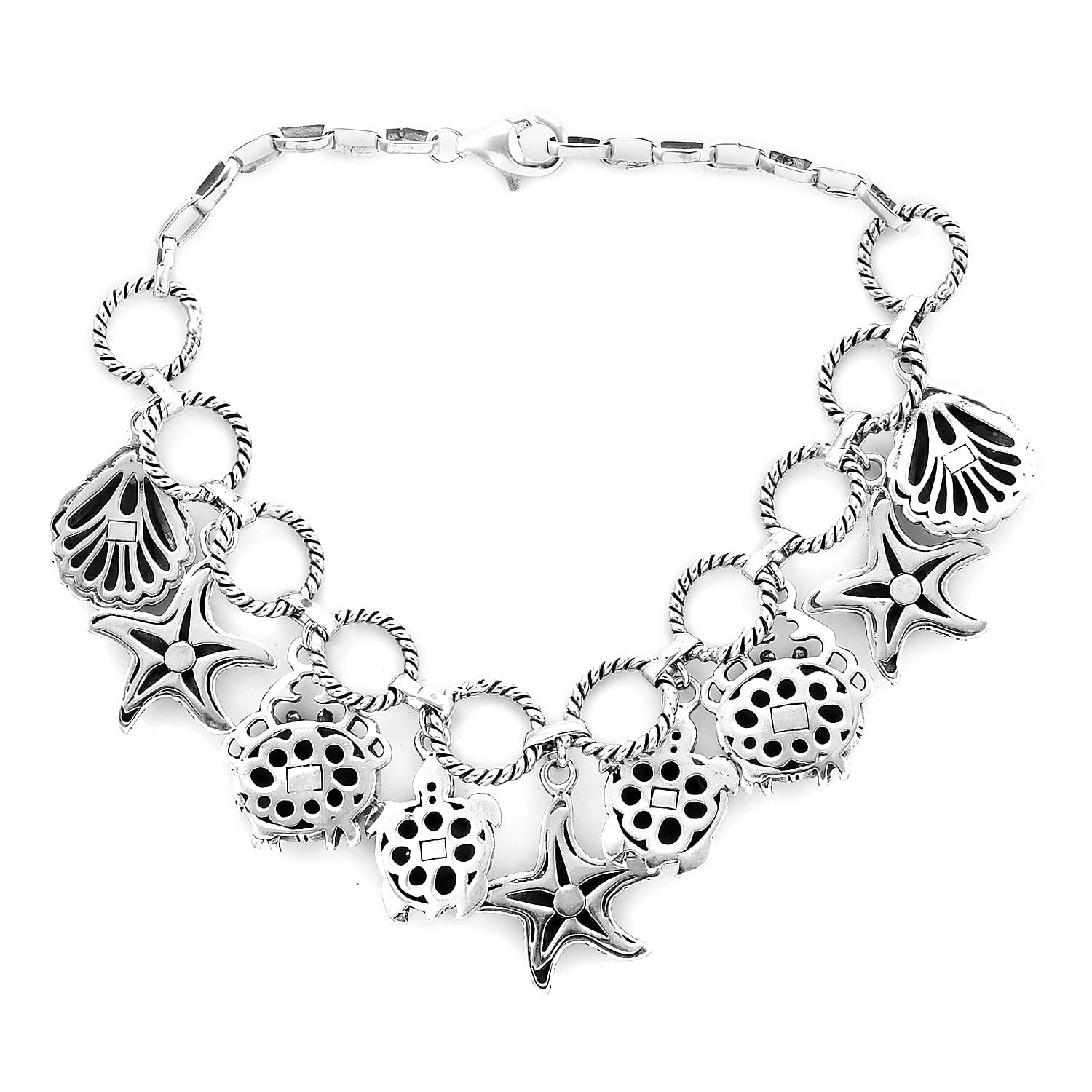 Royal Bali Collection - Sterling Silver Starfish, Turtle and Sea shell Charm Bracelet (Size 7), Silver wt 23.60 Gms