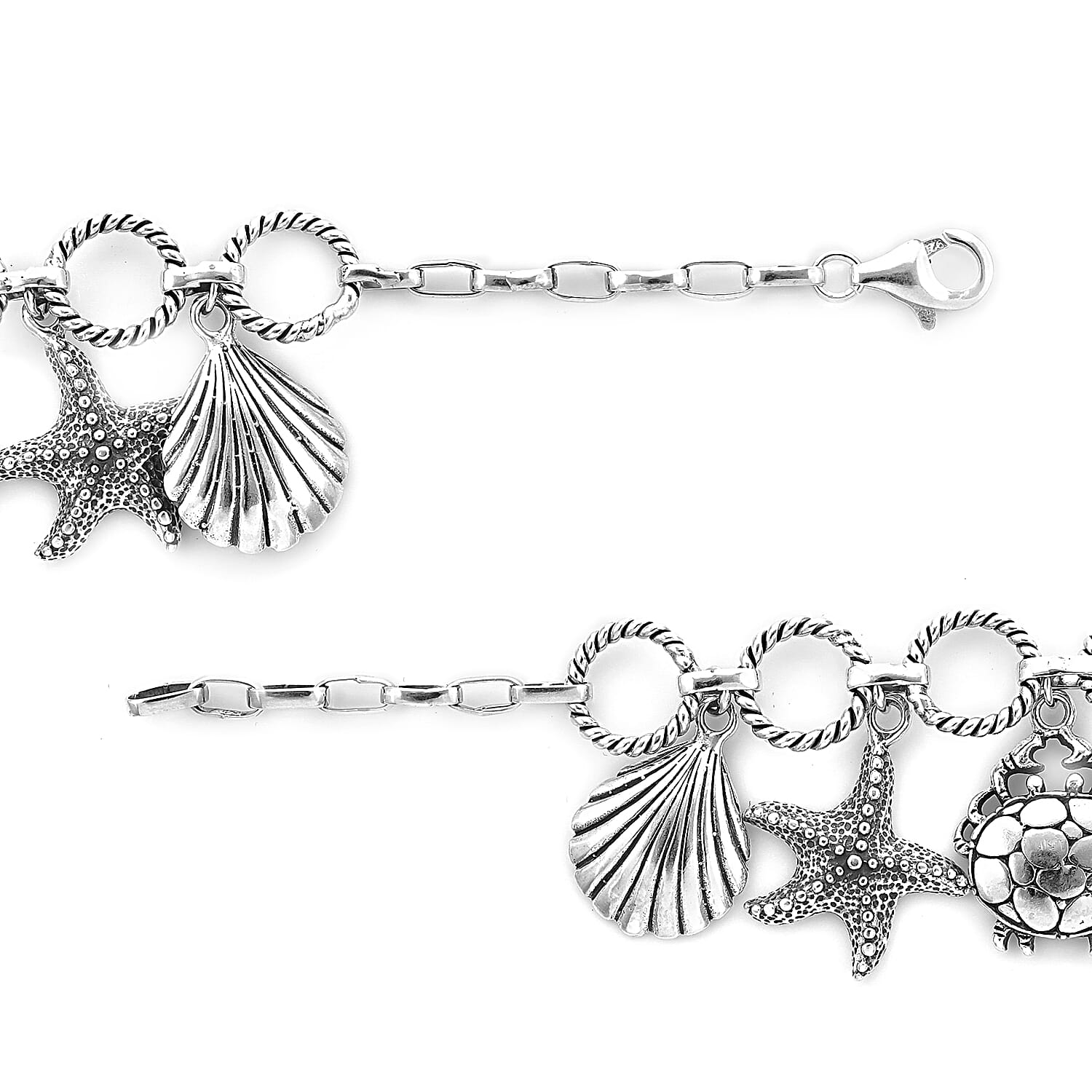 Royal Bali Collection - Sterling Silver Starfish, Turtle and Sea shell Charm Bracelet (Size 7), Silver wt 23.60 Gms