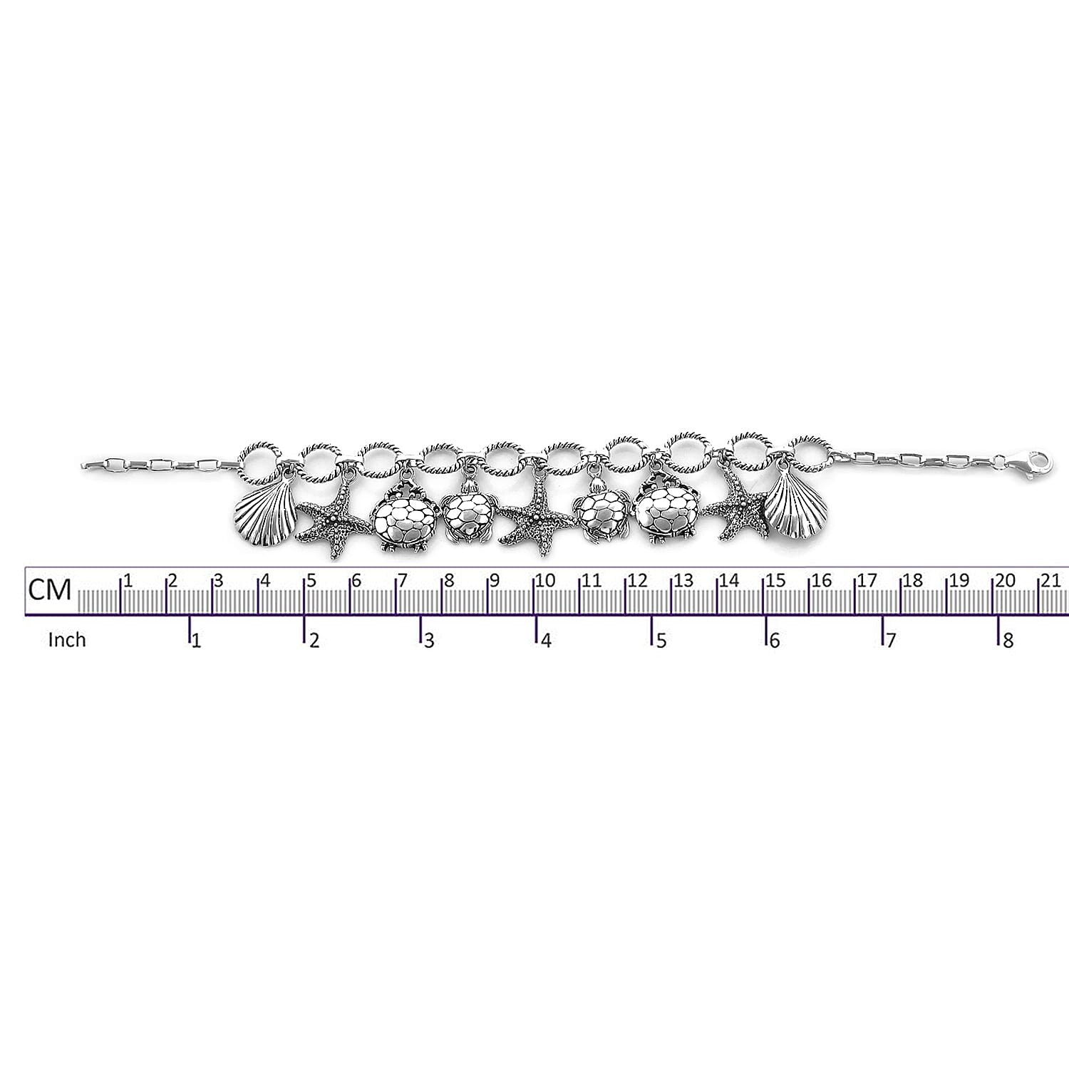 Royal Bali Collection - Sterling Silver Starfish, Turtle and Sea shell Charm Bracelet (Size 7), Silver wt 23.60 Gms