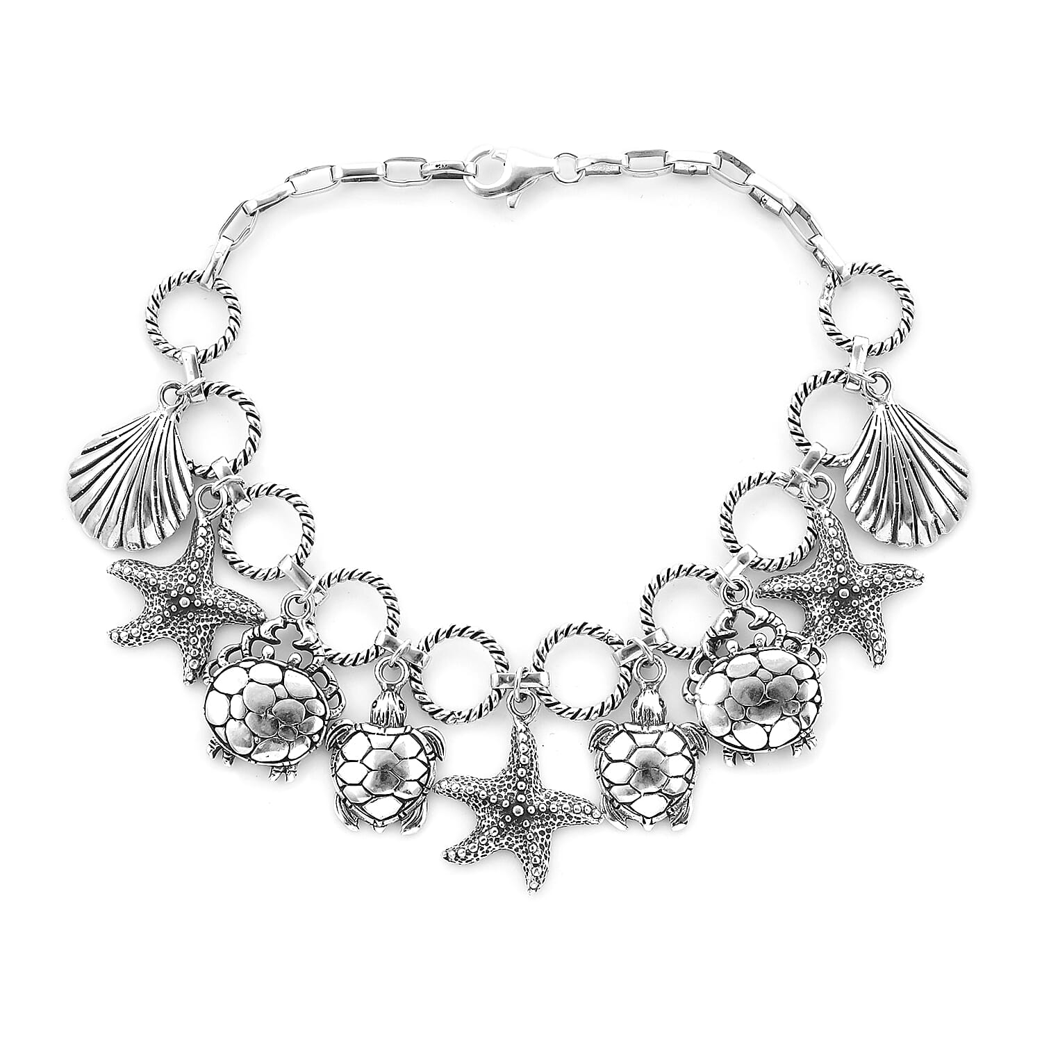 Royal Bali Collection - Sterling Silver Starfish, Turtle and Sea shell Charm Bracelet (Size 8), Silver wt 23.60 Gms