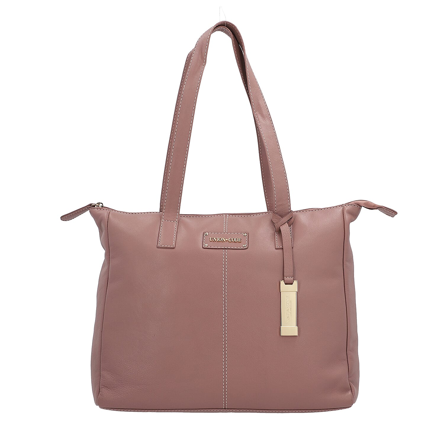 UNION CODE - 2 Piece Set 100% Genuine Leather Tote Bag (Size 33x12.5x27.5 Cm) with RFID Protected Wristlet Clutch (Size 20.5x12 Cm) - Baby Pink