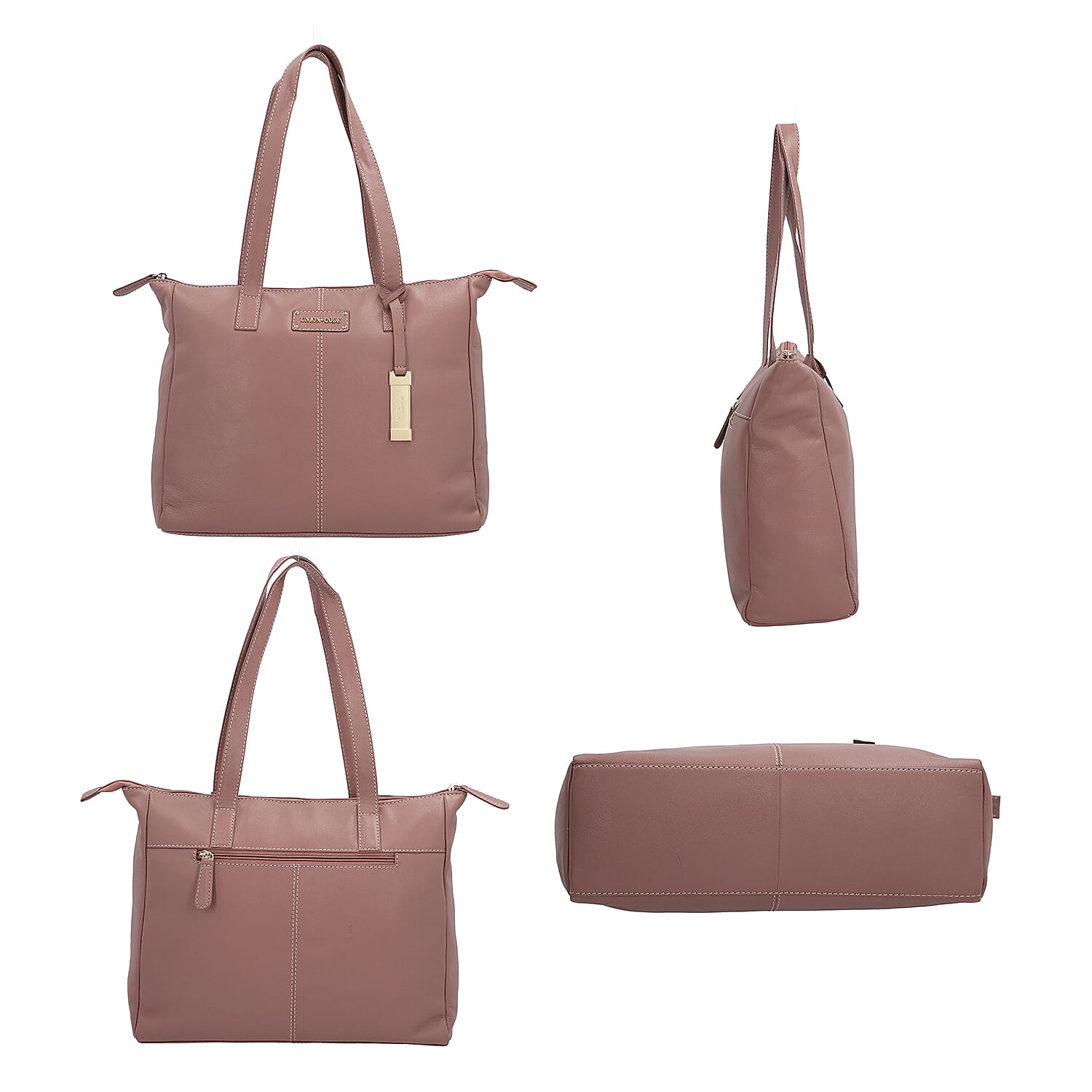 UNION CODE - 2 Piece Set 100% Genuine Leather Tote Bag (Size 33x12.5x27.5 Cm) with RFID Protected Wristlet Clutch (Size 20.5x12 Cm) - Baby Pink