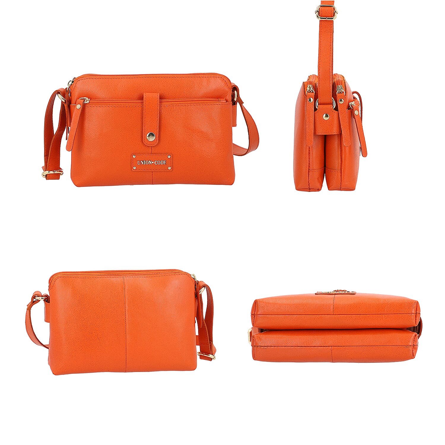 UNION CODE Super Soft 100% Genuine Leather Multi Pocket Crossbody Sling Bag with Zipper Closure (Size 25.5x3x18 Cm) - Orange