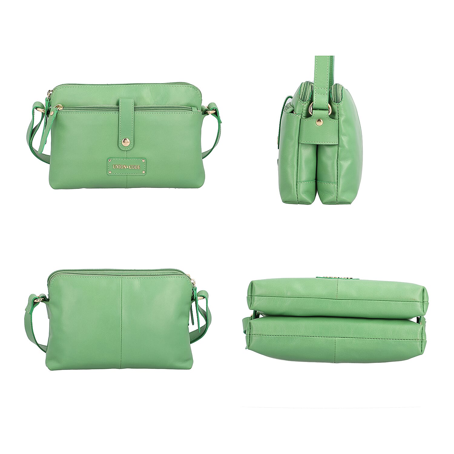 UNION CODE Super Soft 100% Genuine Leather Multi Pocket Crossbody Sling Bag with Zipper Closure (Size 25.5x3x18 Cm) - Green