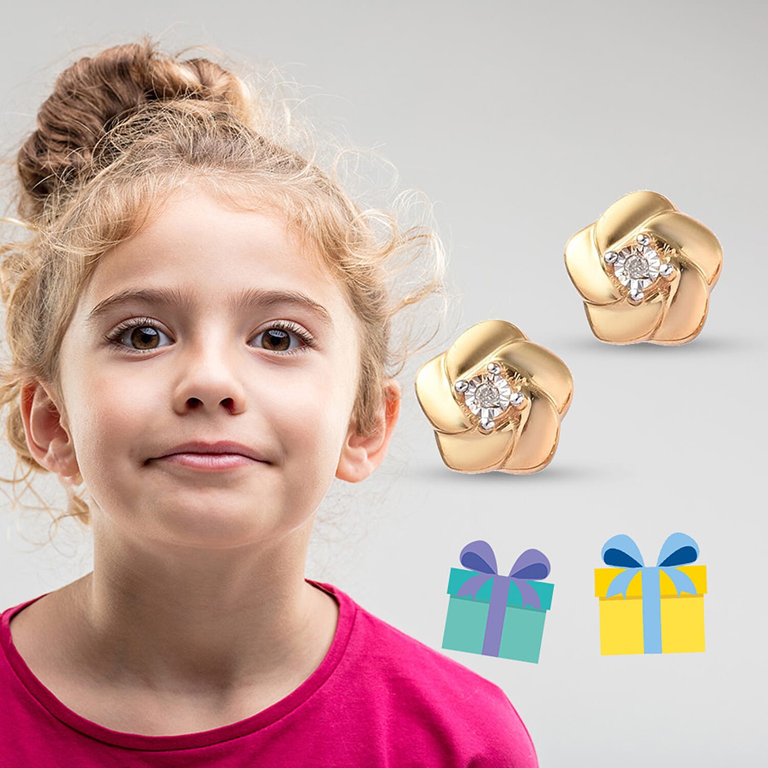 Children Diamond Floral Earrings in Gold Plated Silver