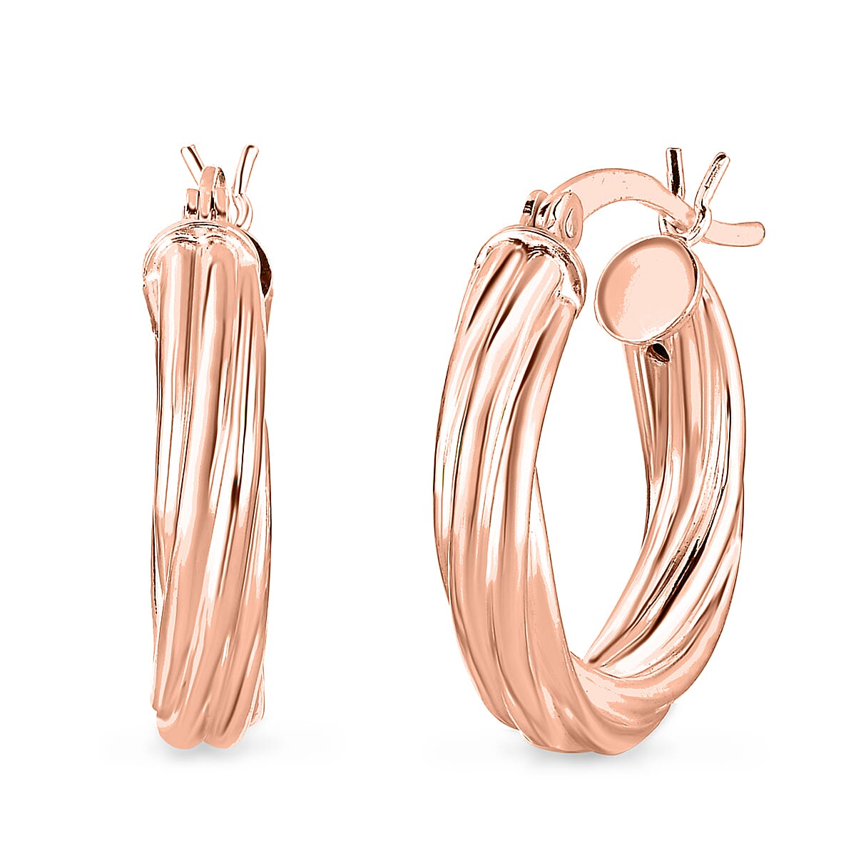 Rose Gold Overlay Sterling Silver Twisted Hoop Earrings (with Clasp)