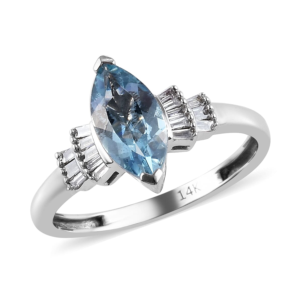 14K White Gold AAA Santa Maria Aquamarine (Mrq 10x5mm), Diamond (I1-I2-G-H) Ring 1.00 Ct.