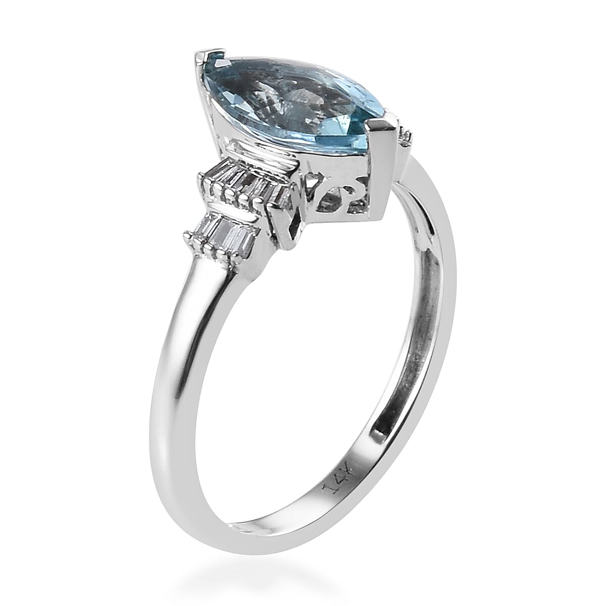 14K White Gold AAA Santa Maria Aquamarine (Mrq 10x5mm), Diamond (I1-I2-G-H) Ring 1.00 Ct.
