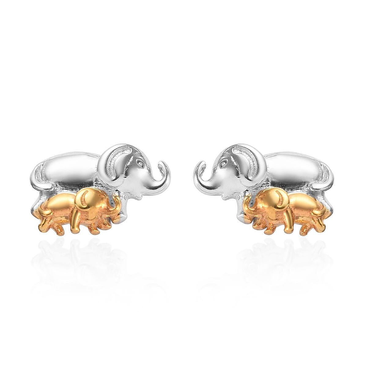 Mother and Baby Elephant Earrings in Platinum and Yellow Gold Overlay Sterling Silver (with Push Back)