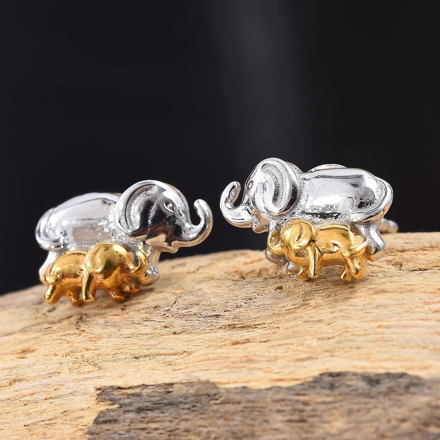Mother and Baby Elephant Earrings in Platinum and Yellow Gold Overlay Sterling Silver (with Push Back)