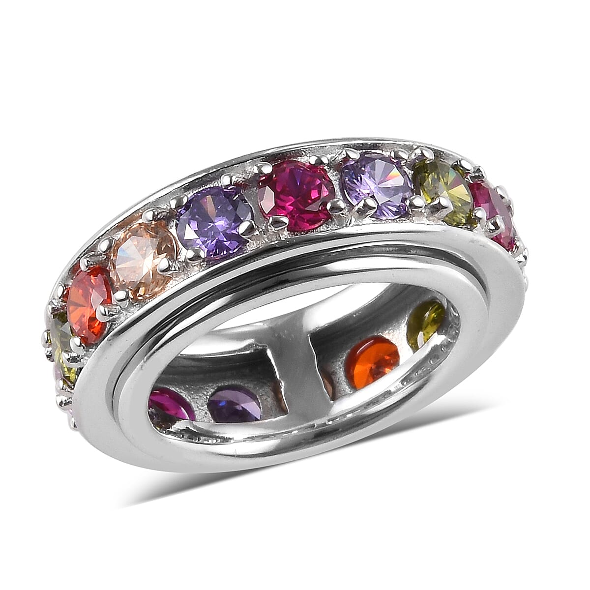 Spinner Ring- Simulated Rainbow Sapphire and Simulated Multi Gemstone Eternity Band Ring in Platinum Plated