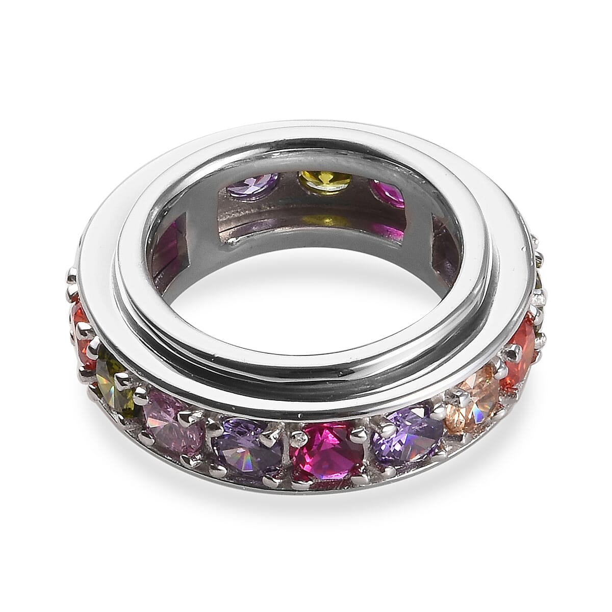 Spinner Ring- Simulated Rainbow Sapphire and Simulated Multi Gemstone Eternity Band Ring in Platinum Plated