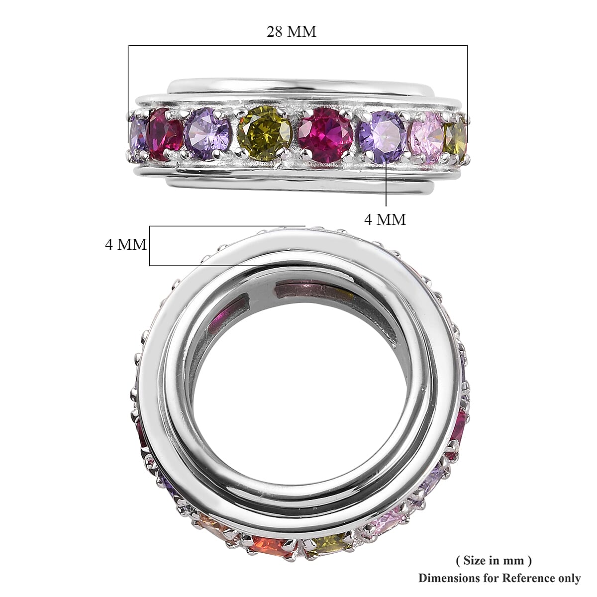 Spinner Ring- Simulated Rainbow Sapphire and Simulated Multi Gemstone Eternity Band Ring in Platinum Plated