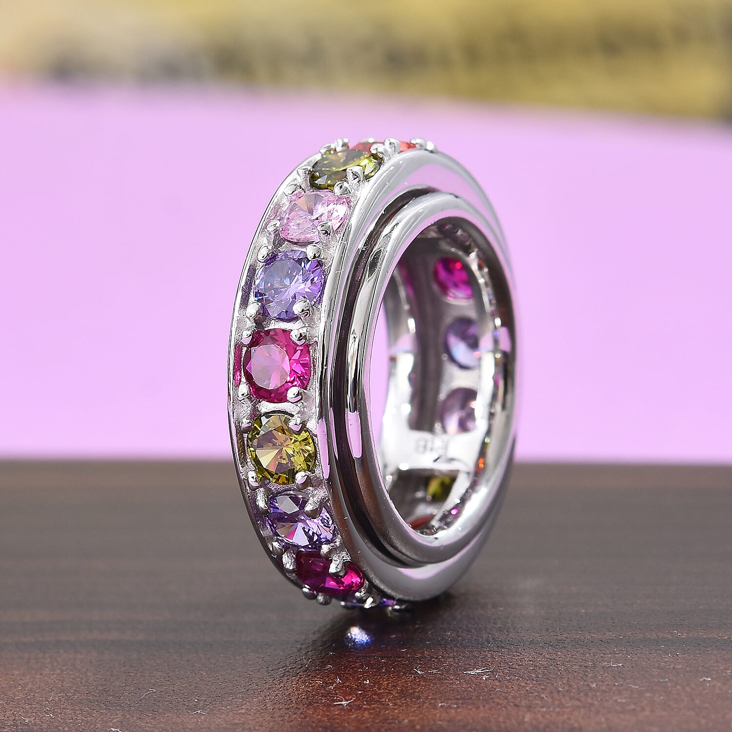 Spinner Ring- Simulated Rainbow Sapphire and Simulated Multi Gemstone Eternity Band Ring in Platinum Plated