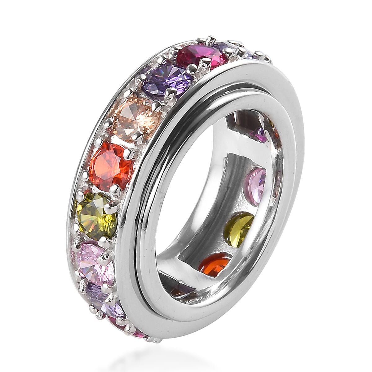 Spinner Ring- Simulated Rainbow Sapphire and Simulated Multi Gemstone Eternity Band Ring in Platinum Plated