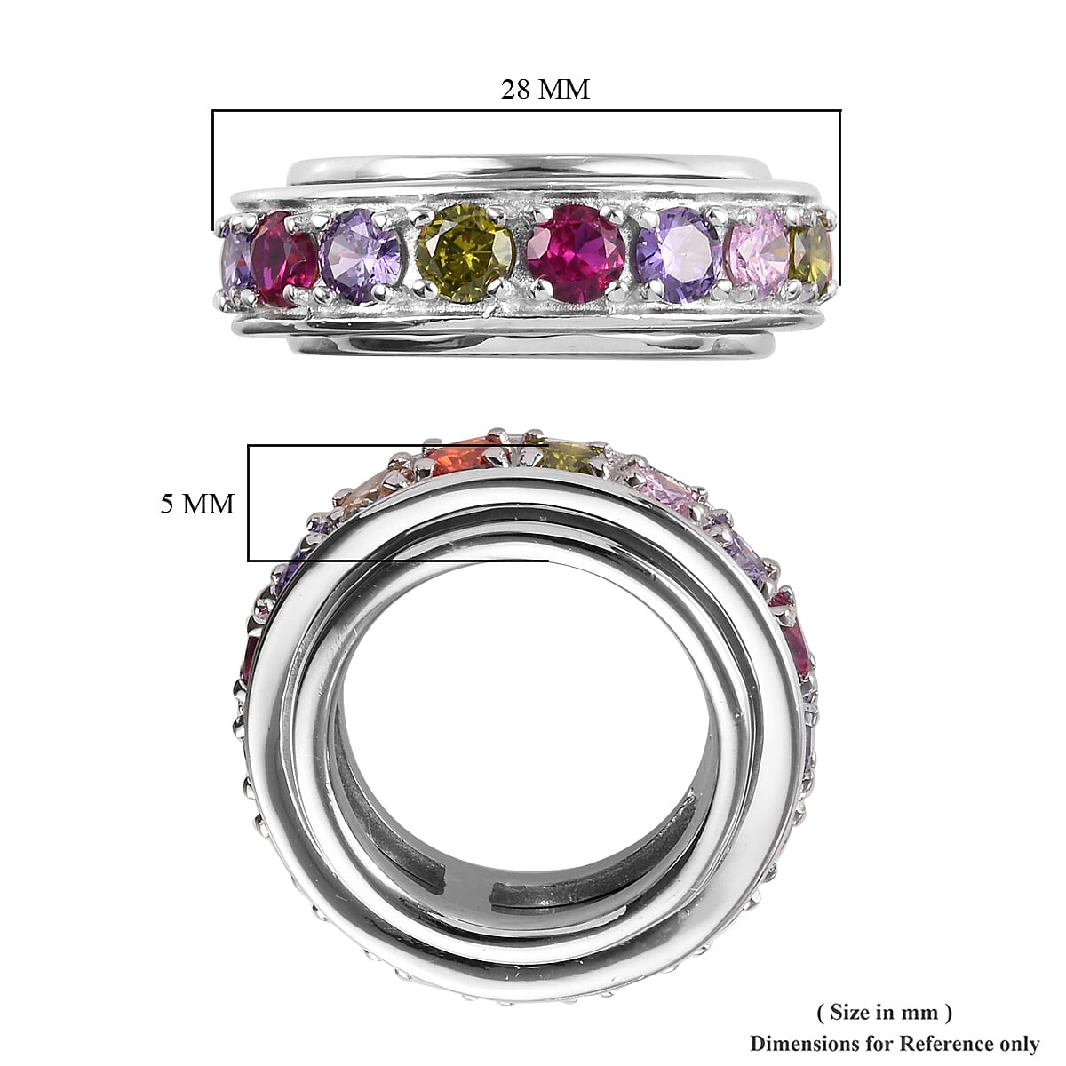 Spinner Ring- Simulated Rainbow Sapphire and Simulated Multi Gemstone Eternity Band Ring in Platinum Plated