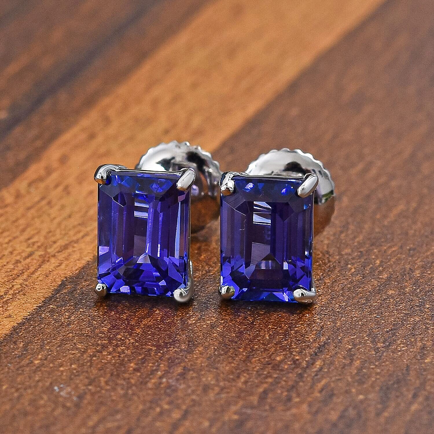 RHAPSODY 950 Platinum AAAA Tanzanite (Emerald Cut) Stud Earrings (with Screw Back) 2.25 Ct.