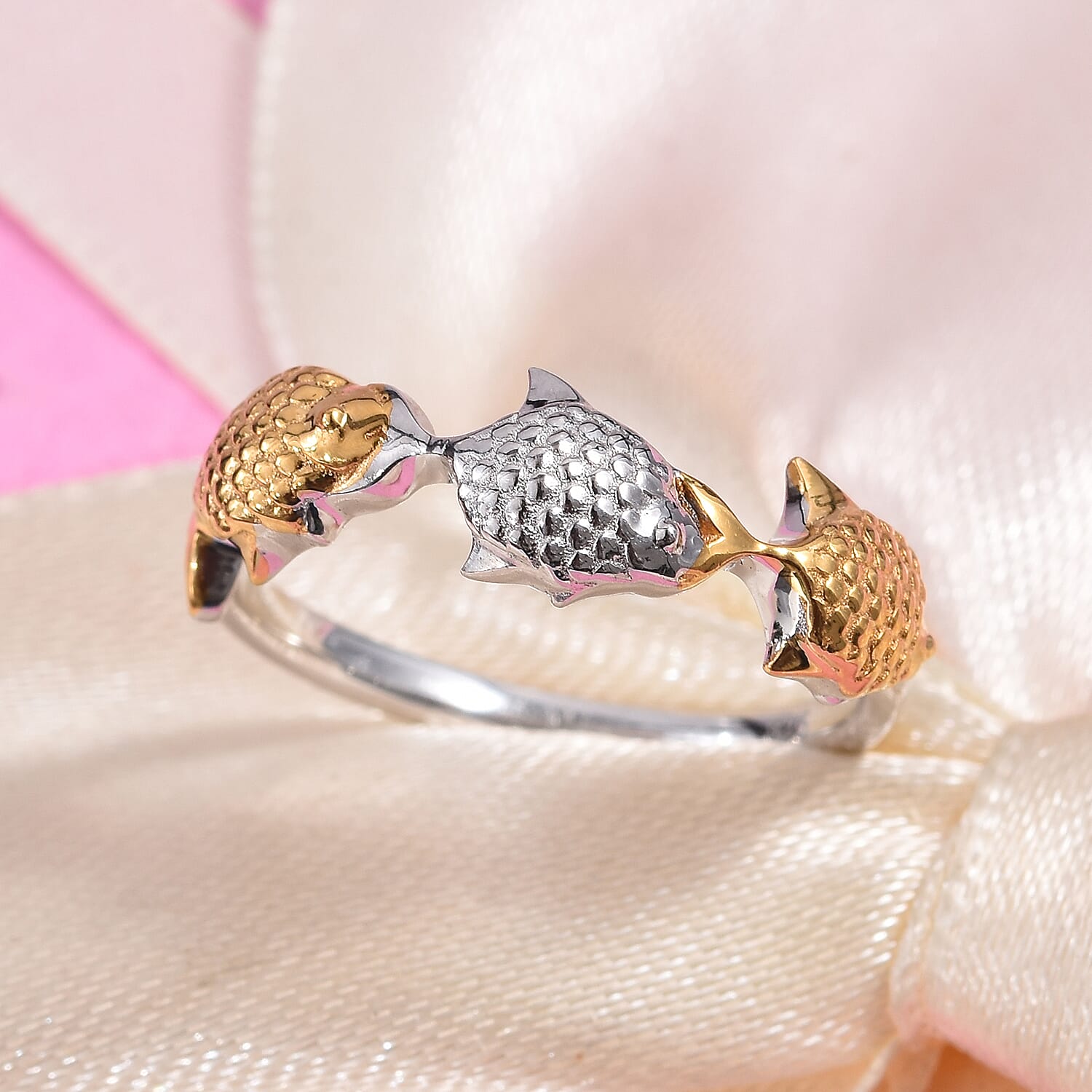 Platinum and Yellow Gold Overlay Sterling Silver Fish Ring