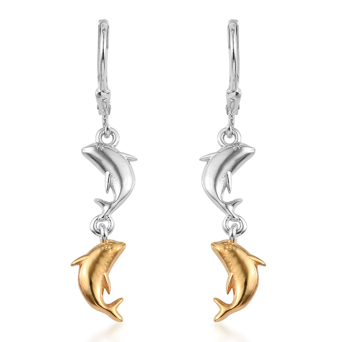 Platinum and Yellow Gold Overlay Sterling Silver Dolphin Earrings