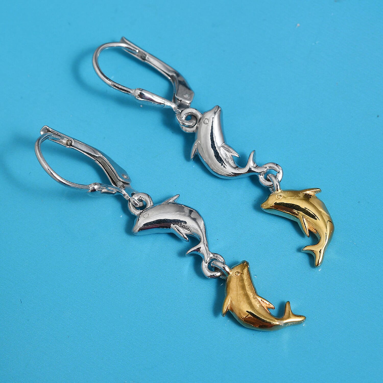 Platinum and Yellow Gold Overlay Sterling Silver Dolphin Earrings