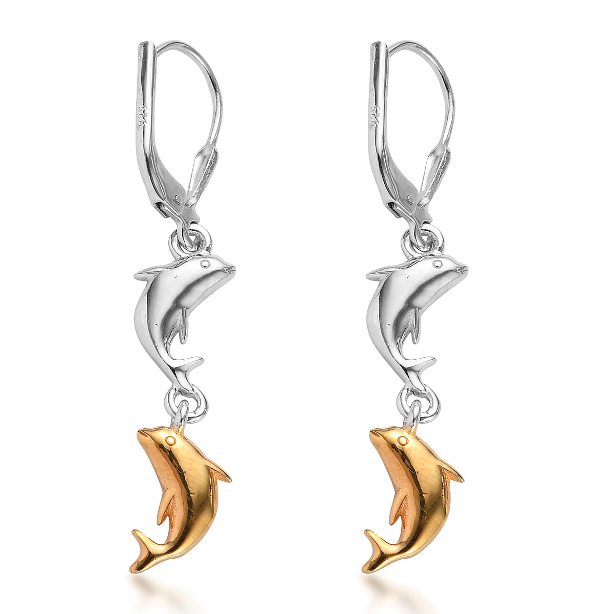 Platinum and Yellow Gold Overlay Sterling Silver Dolphin Earrings