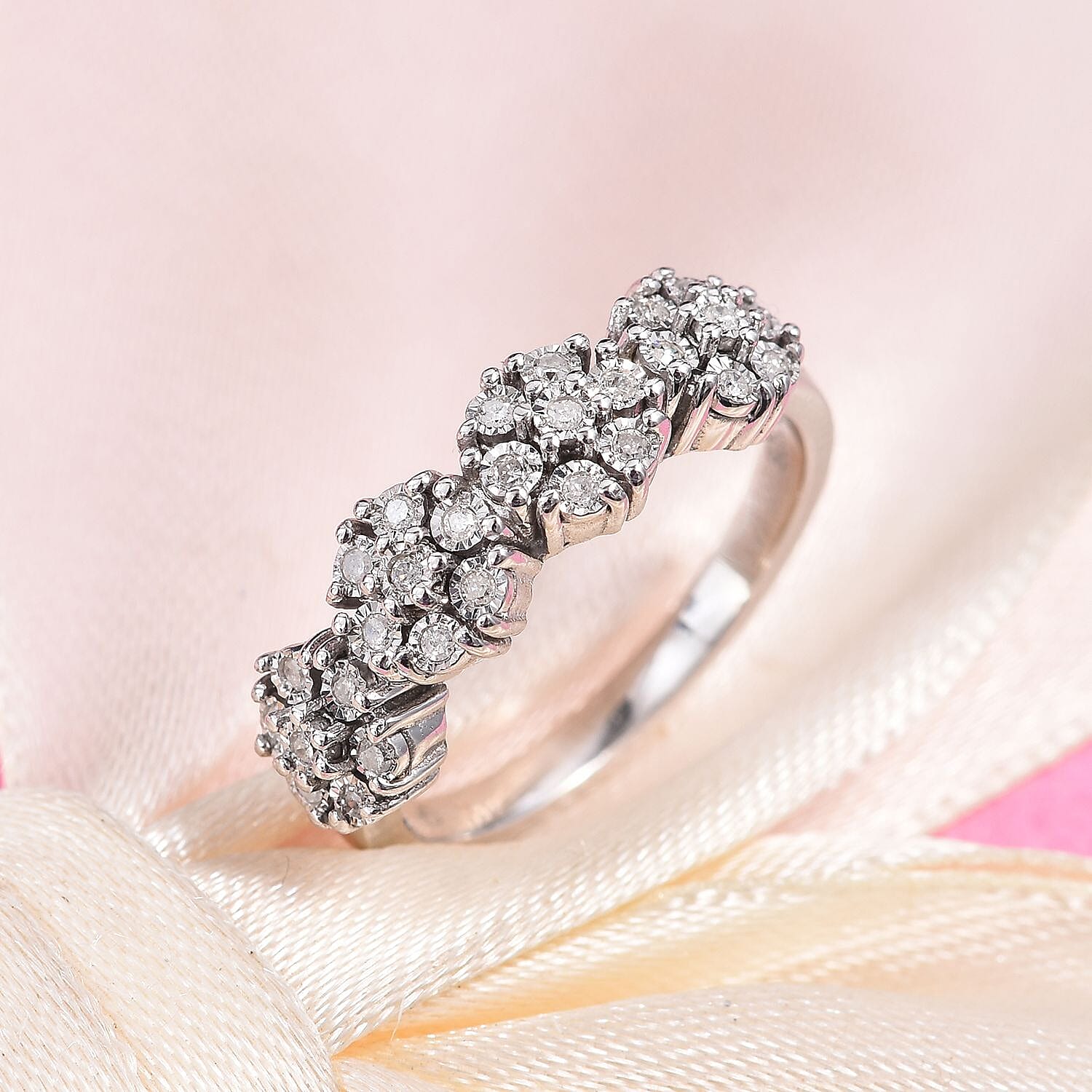 GP - Diamond (Rnd), Blue Sapphire Ring in Platinum Overlay Sterling Silver