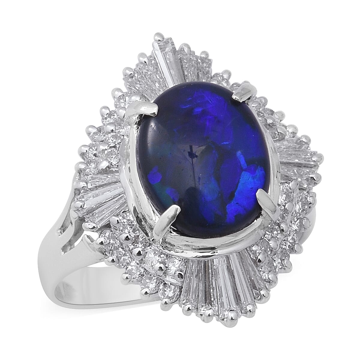 Signature Collection - 900 Platinum GIA Certified Natural Australian Black Opal (Ovl 10.5x8mm), Diamond Ring 2.70 Ct, Platinum wt 7.66 Gms