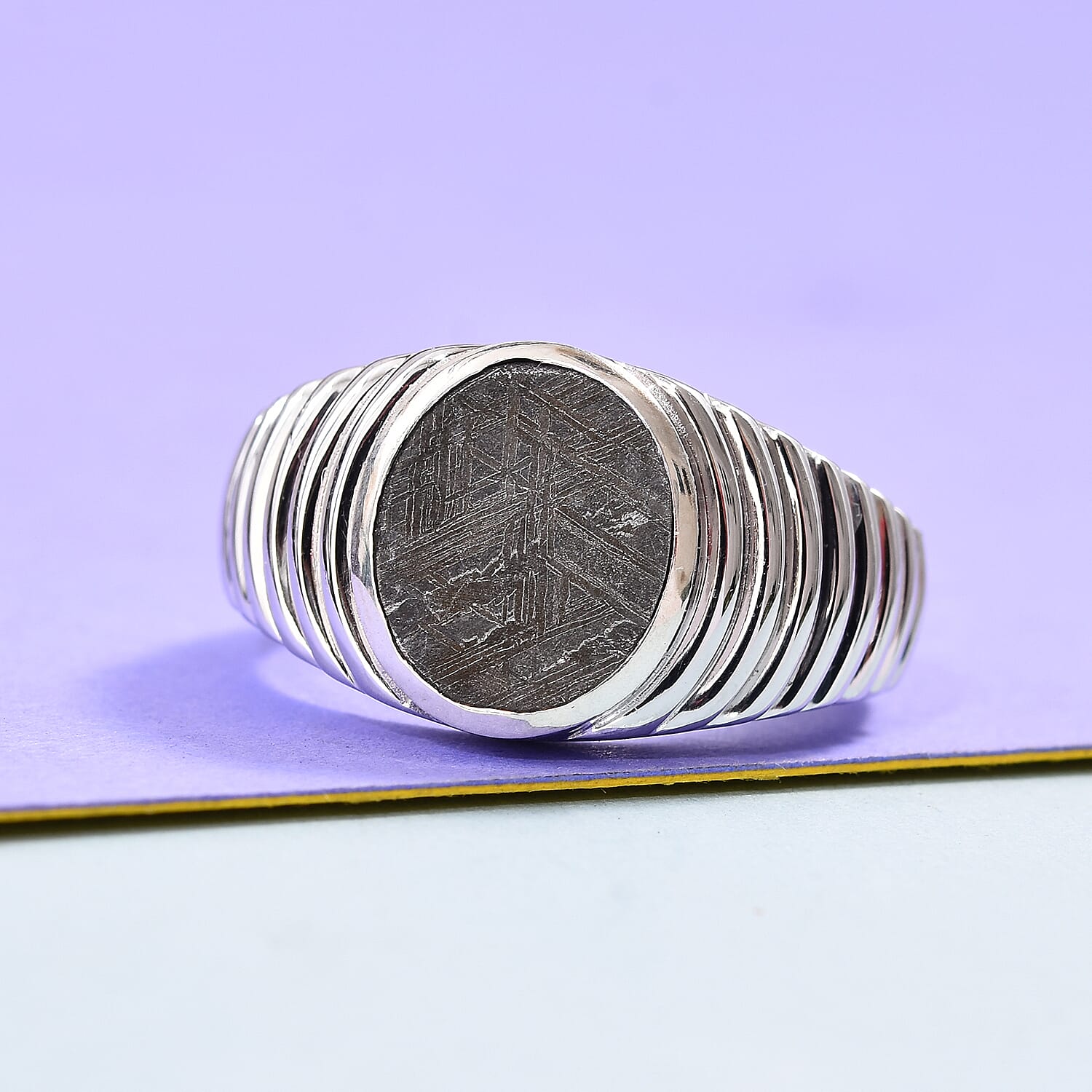 Tucson Special - Meteorite (Ovl 12x10 mm) Ring in Platinum Overlay Sterling Silver 9.17 Ct, Silver wt 8.41 Gms