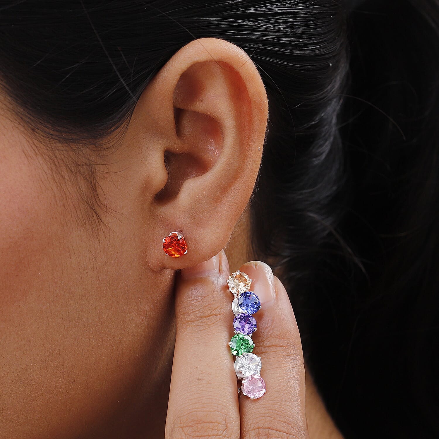 Set of 7 - ELANZA Multi Colour Simulated Diamond (Rnd) Stud Earrings (with Push Back) in Sterling Silver