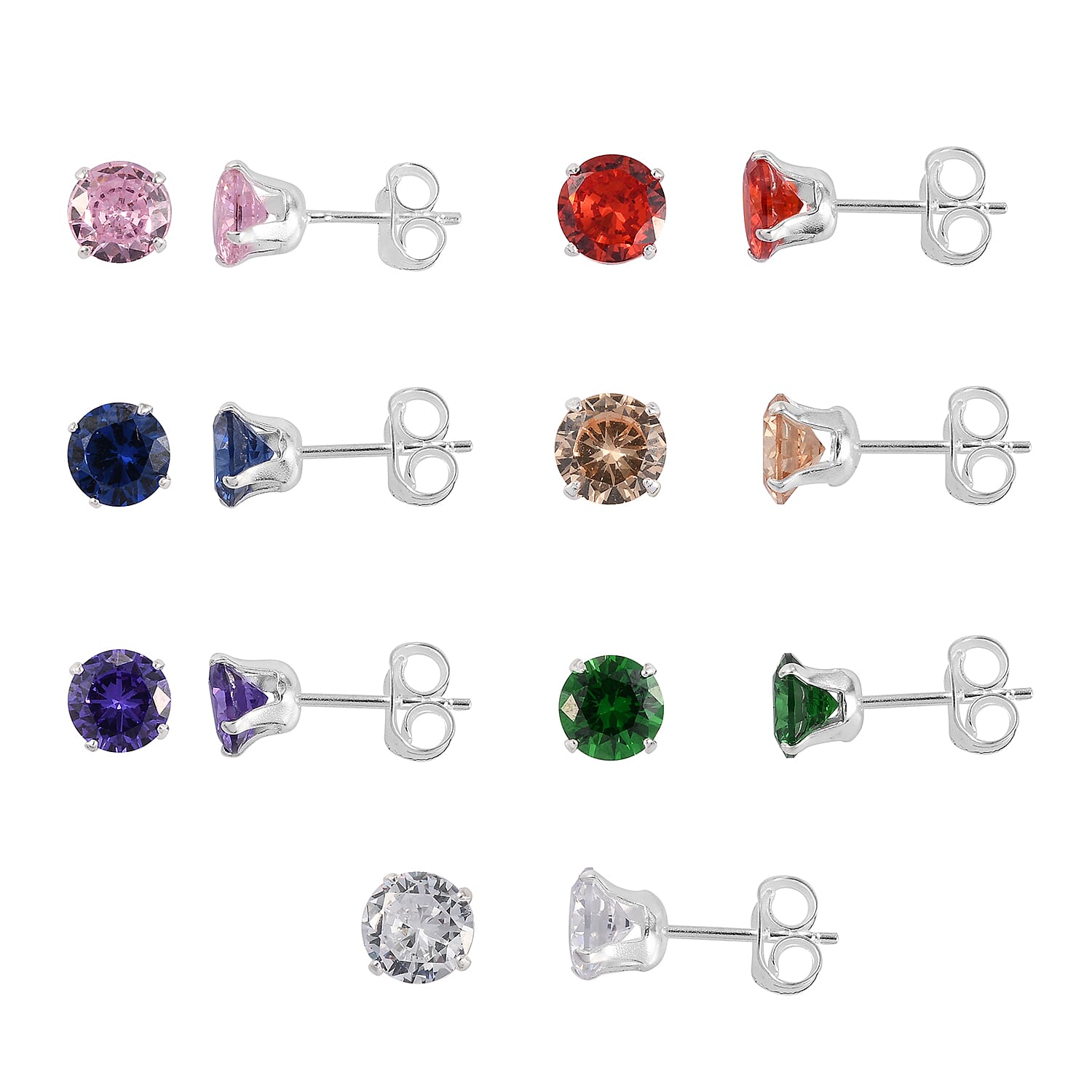 Set of 7 - ELANZA Multi Colour Simulated Diamond (Rnd) Stud Earrings (with Push Back) in Sterling Silver