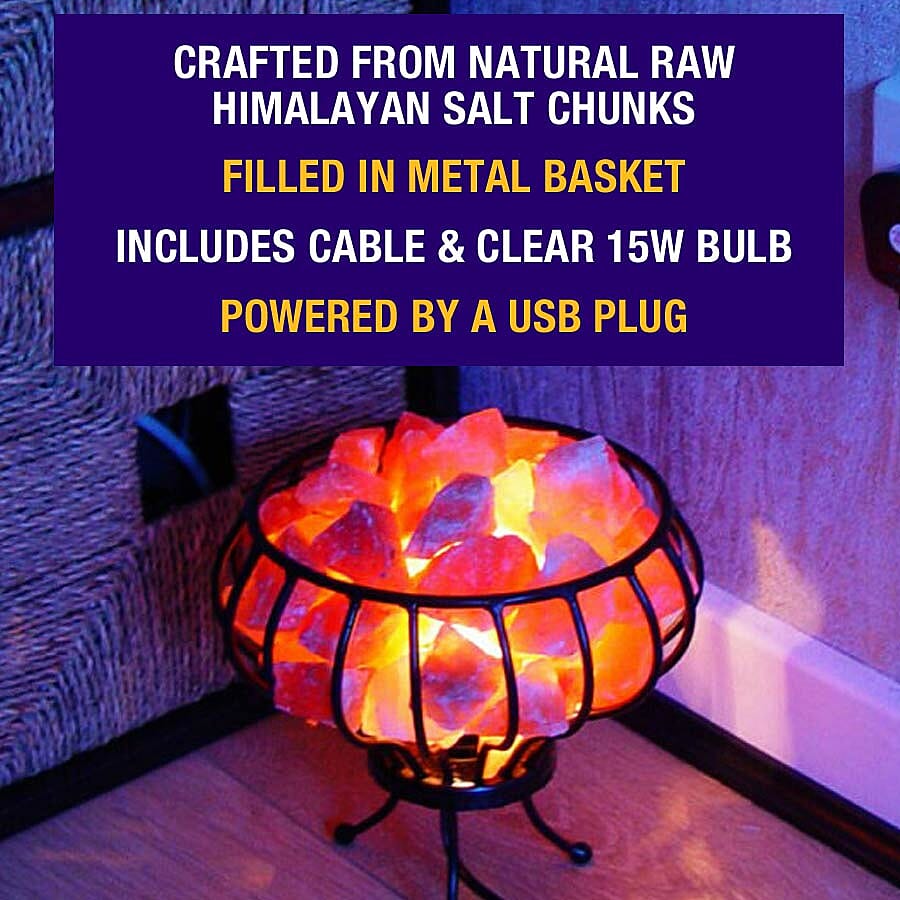 Himalayan Salt Crystal Chunks Lamp with Metal Basket (Size 18x17x17 Cm) - Pink 3 Kg (6.6 Lbs)