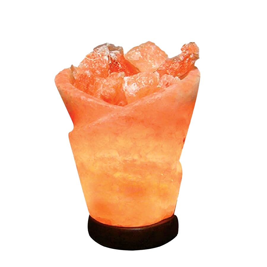 Flower Shape Himalayan Salt Chunks Lamp with Wooden Base (Size 20x8 Cm) - Pink 3 Kg (6.6 Lbs)
