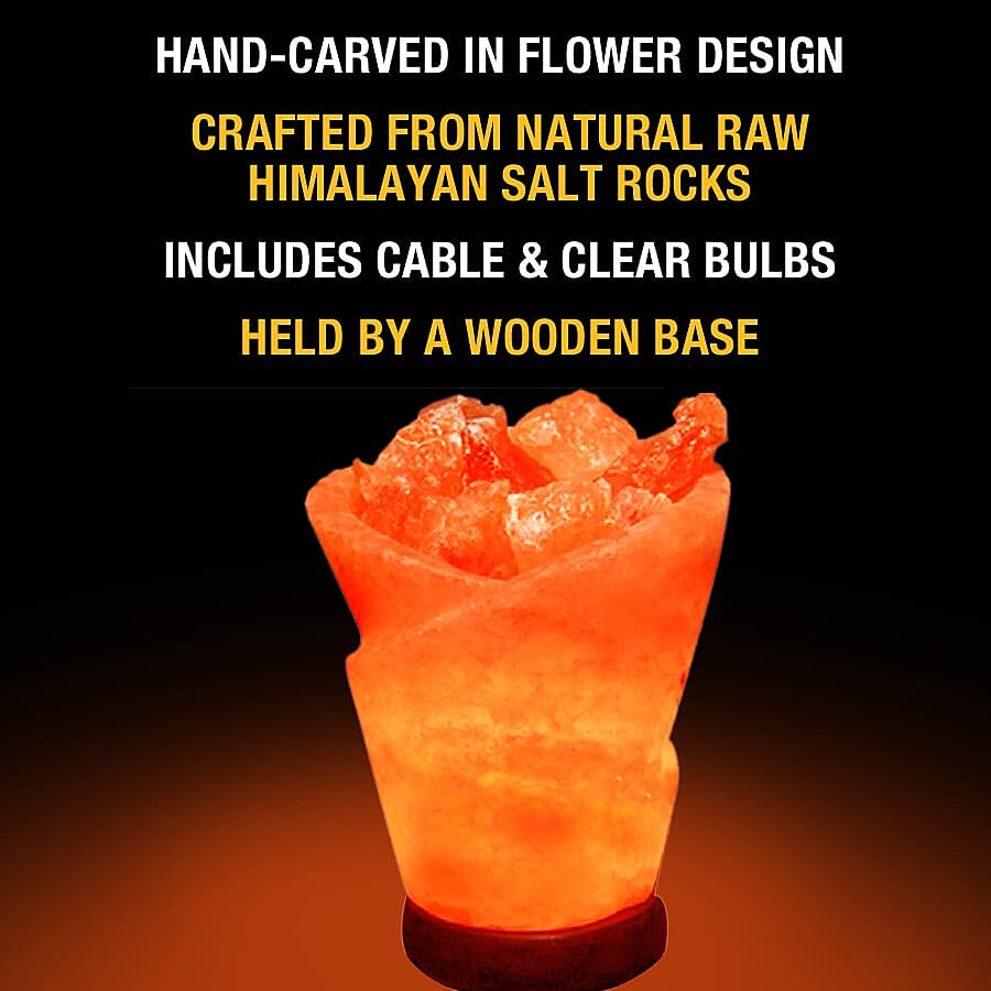 Flower Shape Himalayan Salt Chunks Lamp with Wooden Base (Size 20x8 Cm) - Pink 3 Kg (6.6 Lbs)