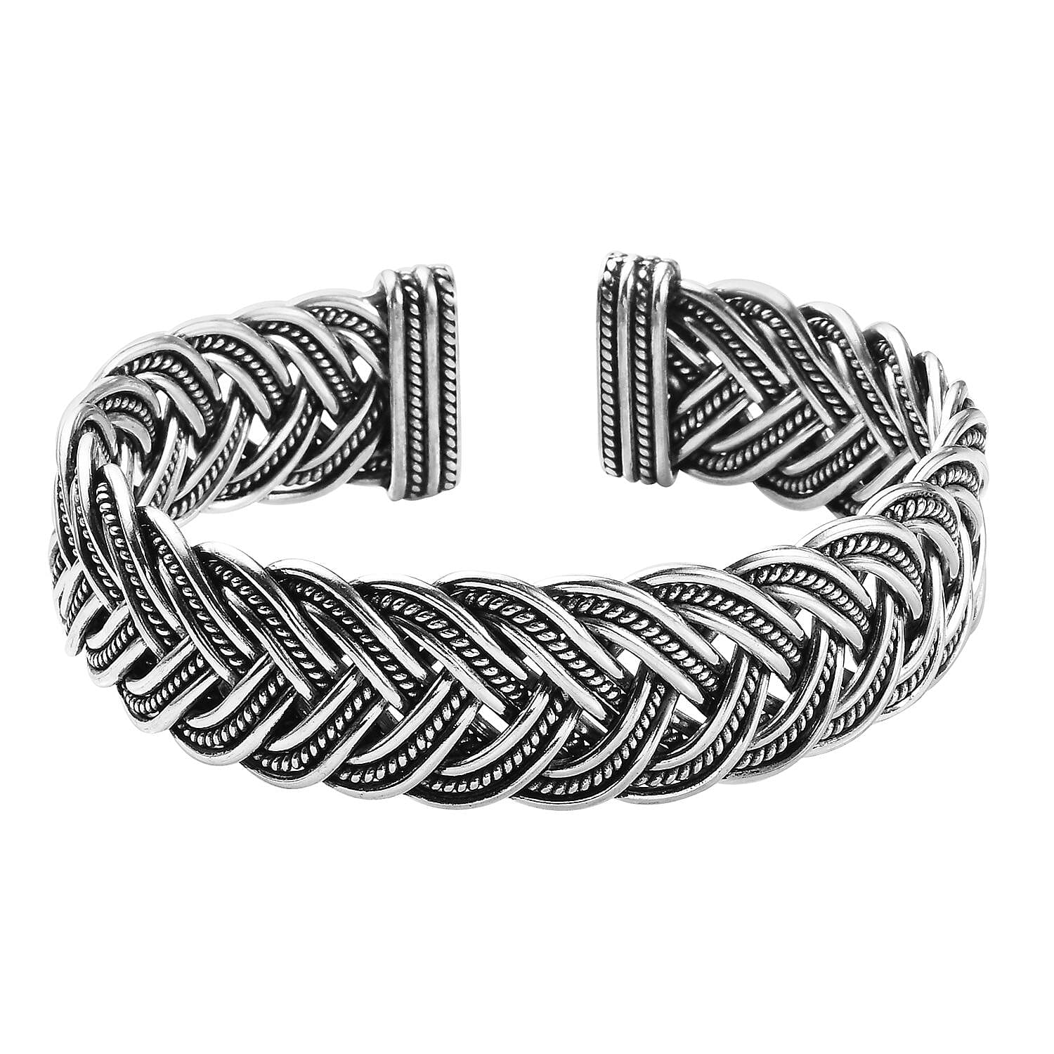 Handmade Crafted Braided Cuff Bangle (Size 7.5) in Sterling Silver, Silver wt 64.43 Gms