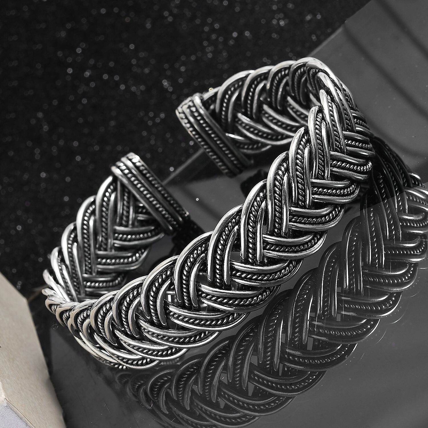Handmade Crafted Braided Cuff Bangle (Size 7.5) in Sterling Silver, Silver wt 64.43 Gms