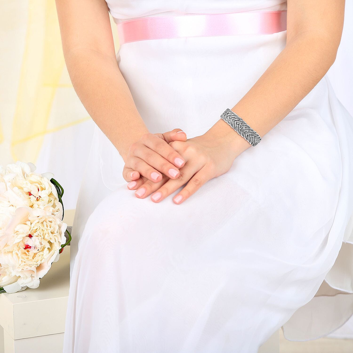 Handmade Crafted Braided Cuff Bangle (Size 7.5) in Sterling Silver, Silver wt 64.43 Gms