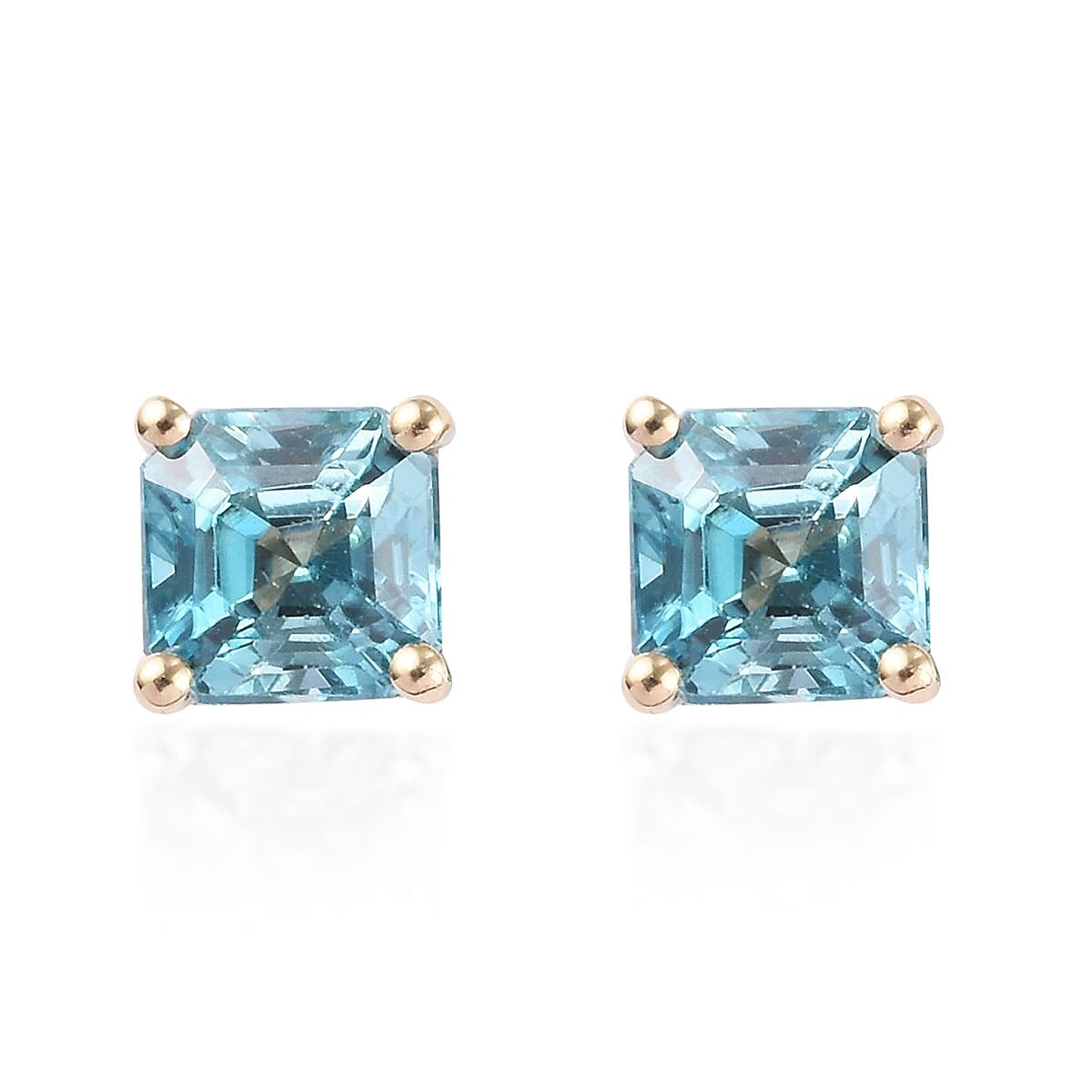 9K Yellow Gold AAA Ratanakiri Blue Zircon (Asscher Cut 6x6mm) Solitaire Stud Earrings (with Push Back) 3.00 Ct.