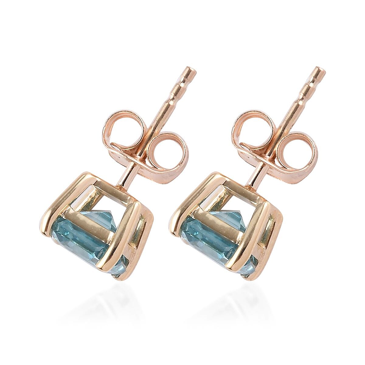 9K Yellow Gold AAA Ratanakiri Blue Zircon (Asscher Cut 6x6mm) Solitaire Stud Earrings (with Push Back) 3.00 Ct.