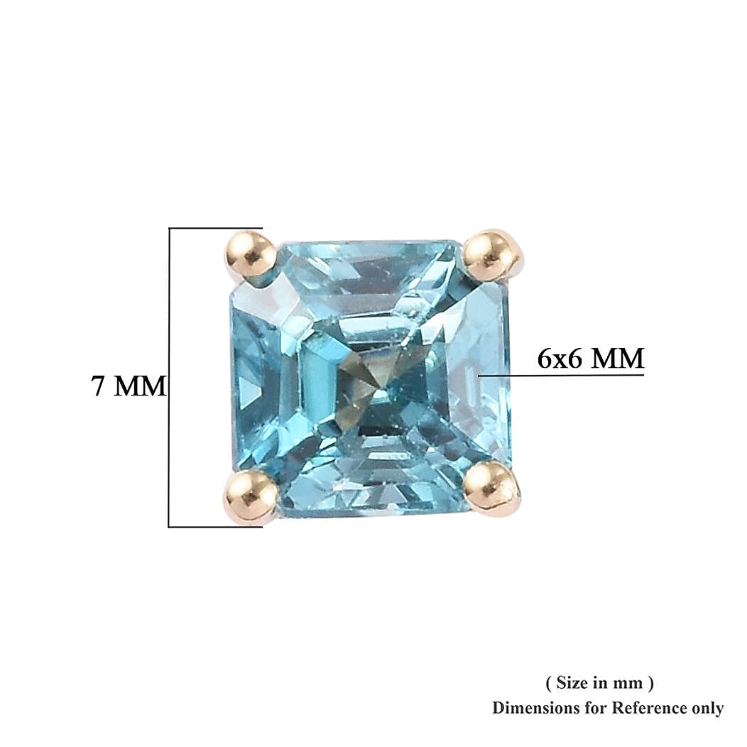 9K Yellow Gold AAA Ratanakiri Blue Zircon (Asscher Cut 6x6mm) Solitaire Stud Earrings (with Push Back) 3.00 Ct.