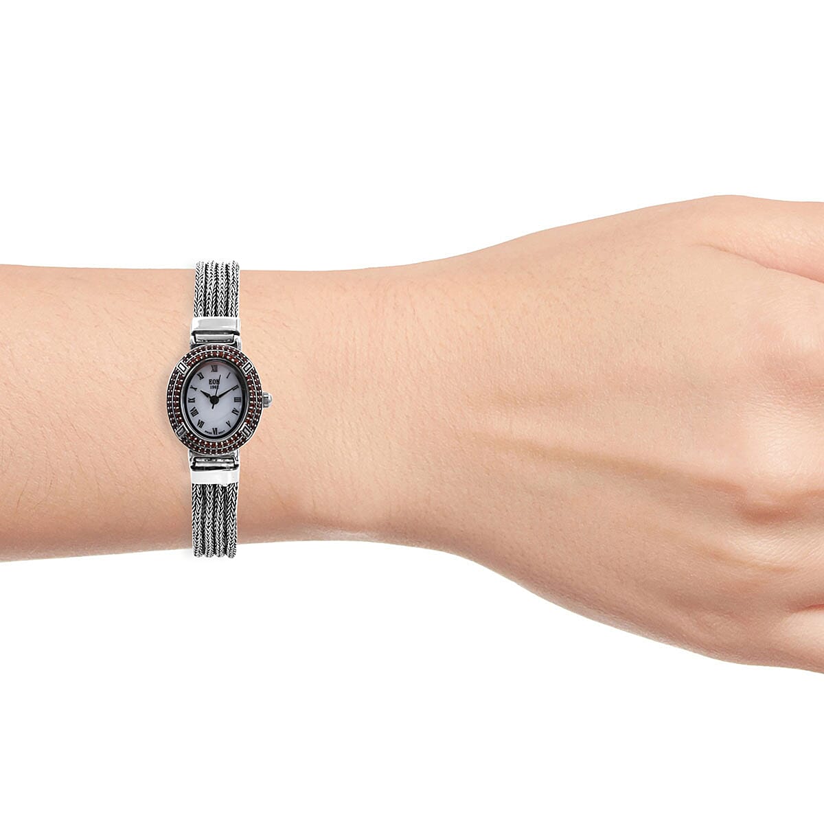 Royal Bali Collection - EON 1962 Swiss Movement Mozambique Garnet Studded Water Resistant Tulang Naga Bracelet Watch (Size 8) in Sterling Silver 1.23 Ct, Silver wt 37.09 Gms