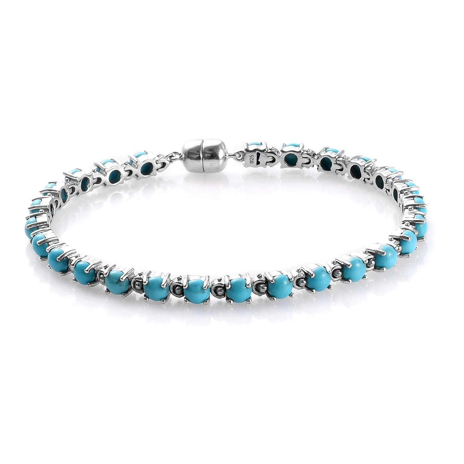 Arizona Sleeping Beauty Turquoise (Rnd) Bracelet (Size 8) with Magnetic Lock and Safety Clasp in Platinum Overlay Sterling Silver 8.25 Ct, Silver wt 11.52 Gms