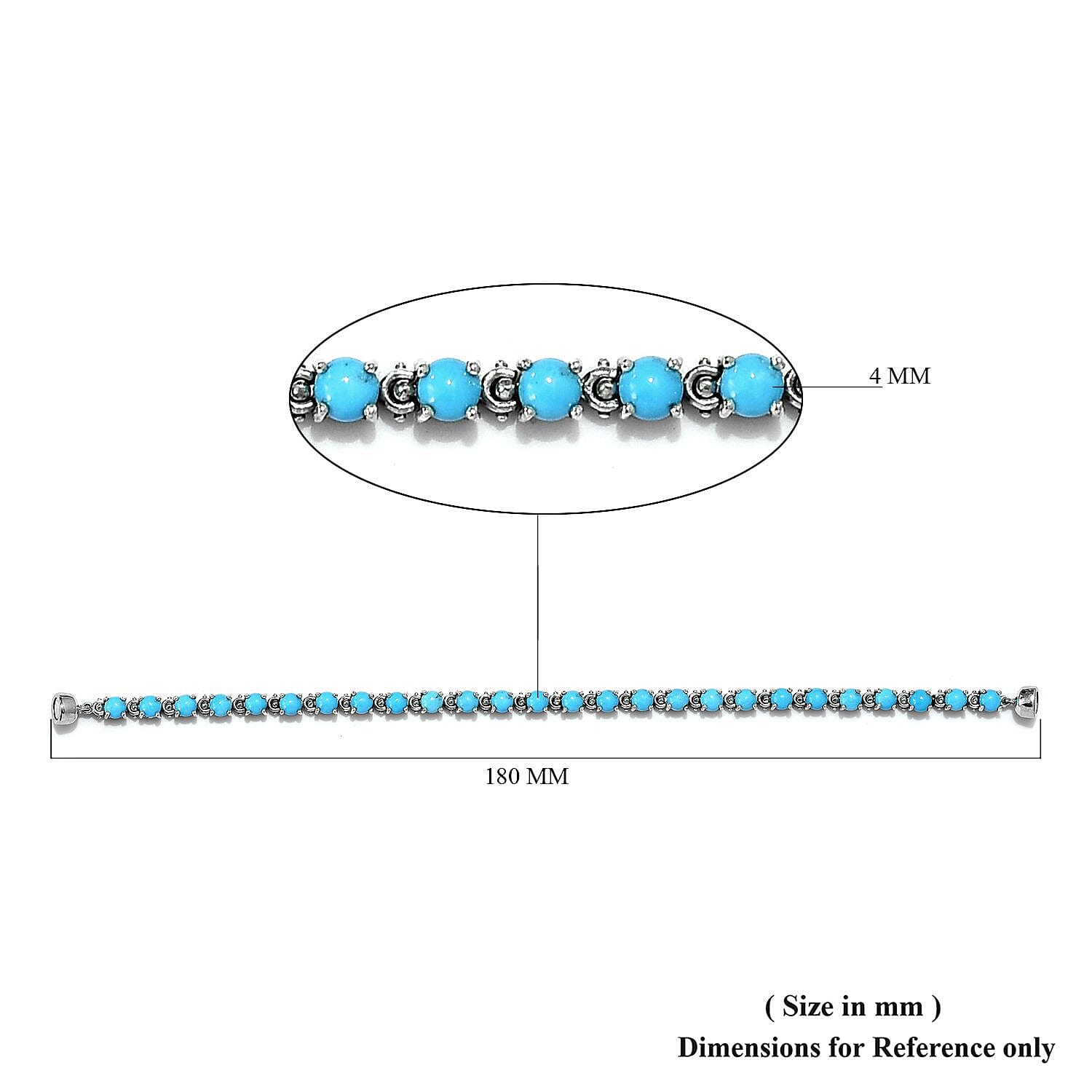 Arizona Sleeping Beauty Turquoise (Rnd) Bracelet (Size 8) with Magnetic Lock and Safety Clasp in Platinum Overlay Sterling Silver 8.25 Ct, Silver wt 11.52 Gms