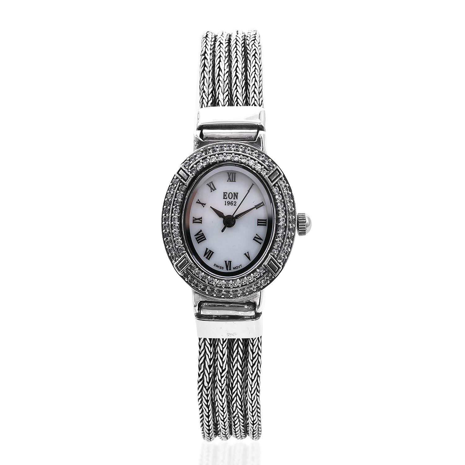 Royal Bali Collection - EON 1962 Swiss Movement White Topaz Studded Water Resistant Tulang Naga Bracelet Watch (Size 7.25) in Sterling Silver 1.23 Ct, Silver wt 35.00 Gms