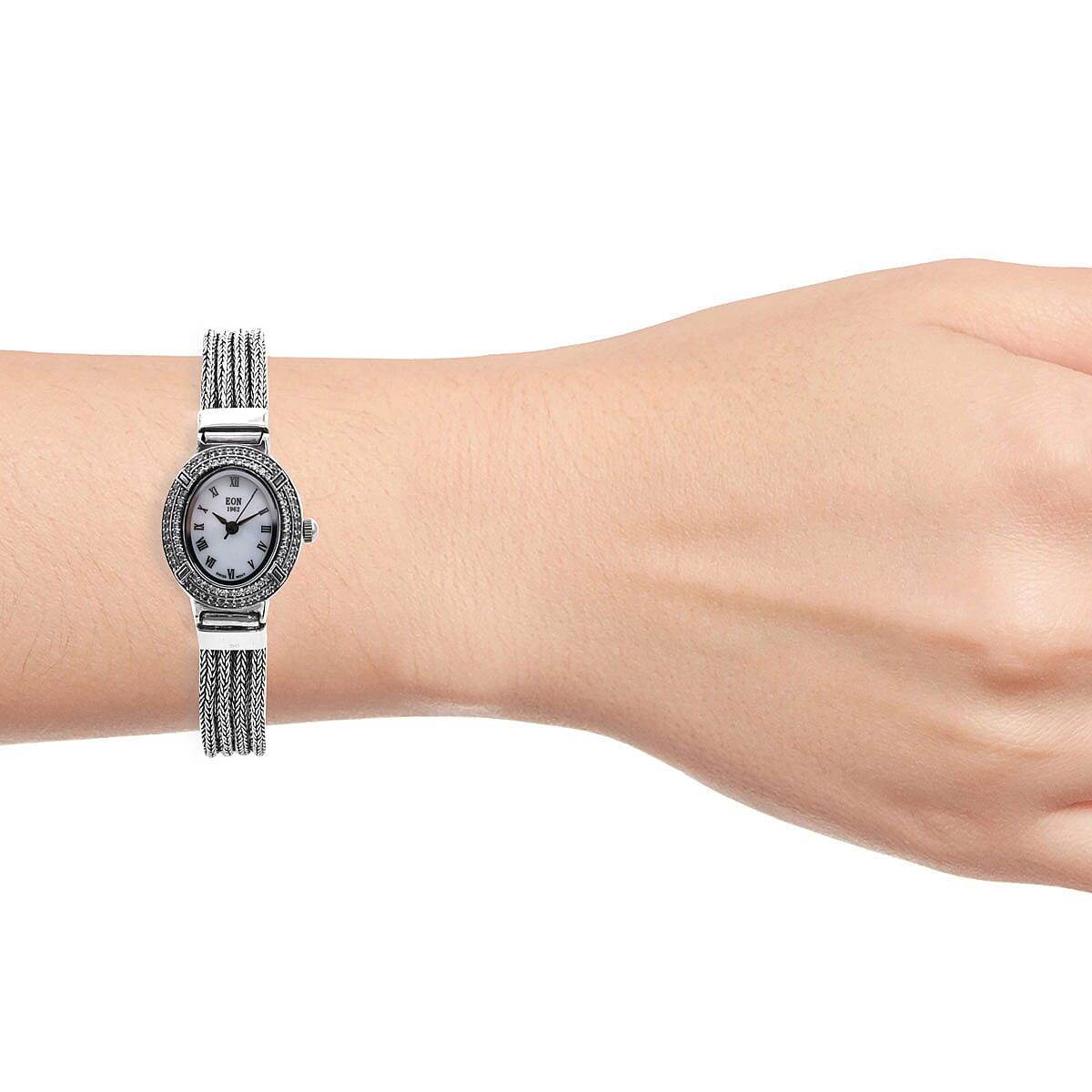 Royal Bali Collection - EON 1962 Swiss Movement White Topaz Studded Water Resistant Tulang Naga Bracelet Watch (Size 7.25) in Sterling Silver 1.23 Ct, Silver wt 35.00 Gms