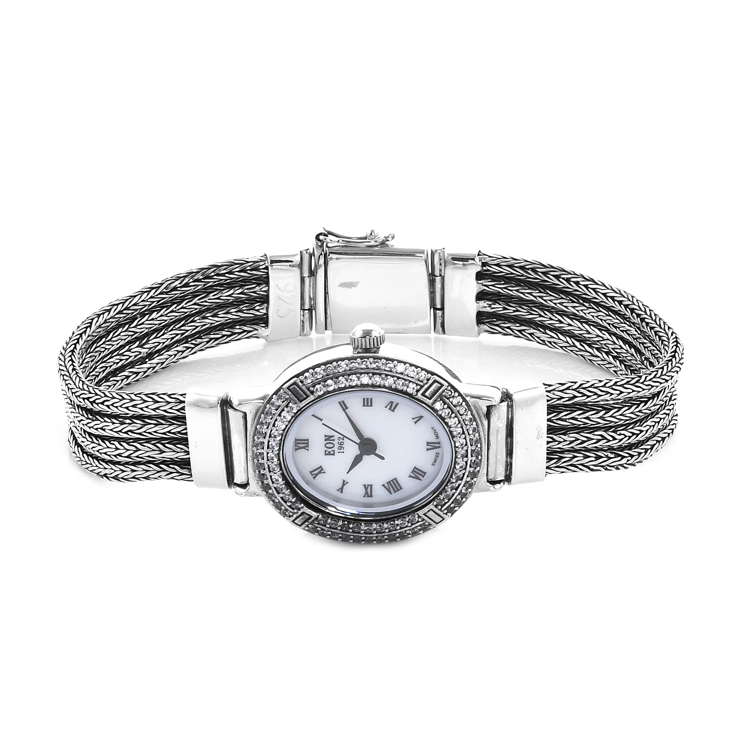 Royal Bali Collection - EON 1962 Swiss Movement White Topaz Studded Water Resistant Tulang Naga Bracelet Watch (Size 7.25) in Sterling Silver 1.23 Ct, Silver wt 35.00 Gms