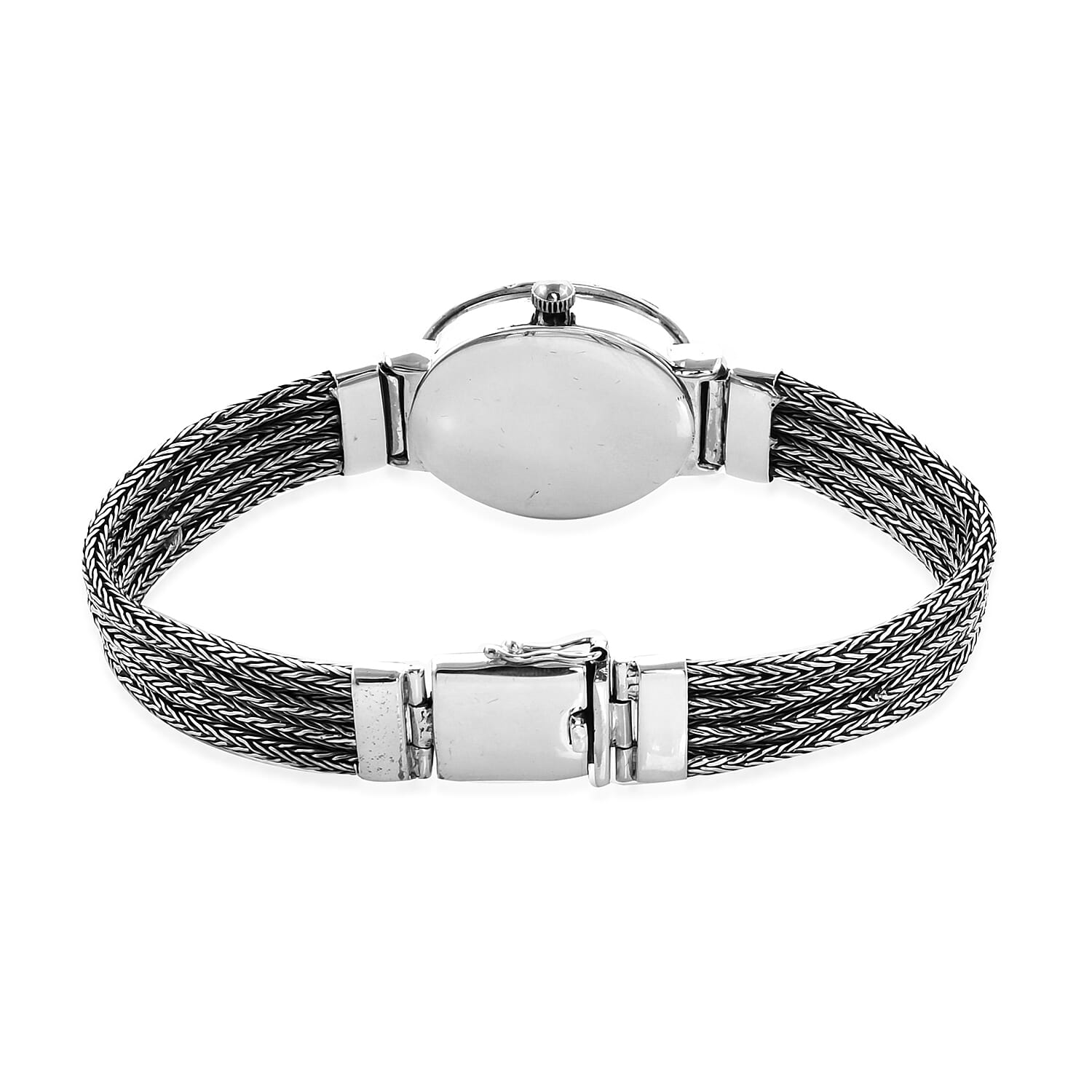 Royal Bali Collection - EON 1962 Swiss Movement White Topaz Studded Water Resistant Tulang Naga Bracelet Watch (Size 7.25) in Sterling Silver 1.23 Ct, Silver wt 35.00 Gms