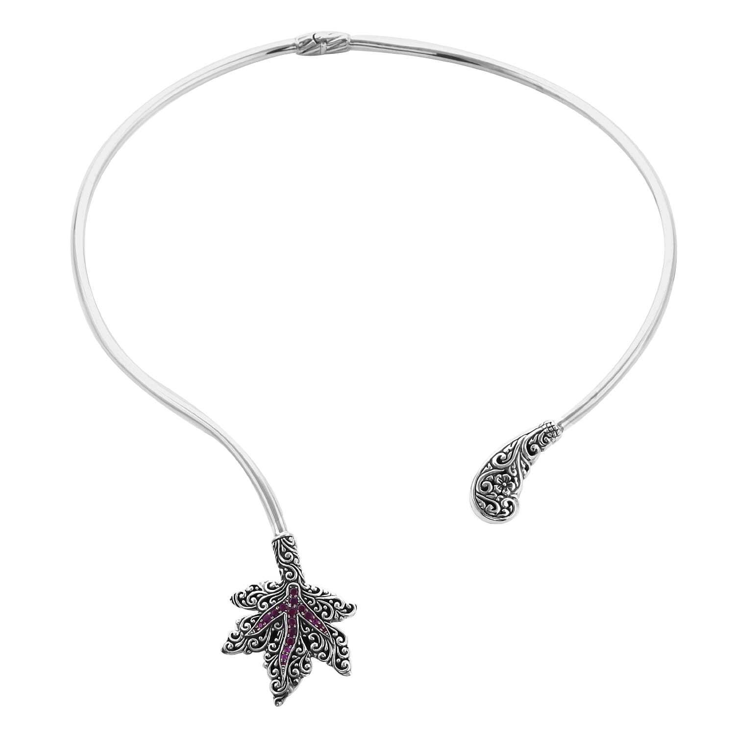 Bali Legacy Collection - African Ruby (Rnd) Maple Leaf Collar Necklace (Size 16) in Sterling Silver Silver wt 31.40 Gms